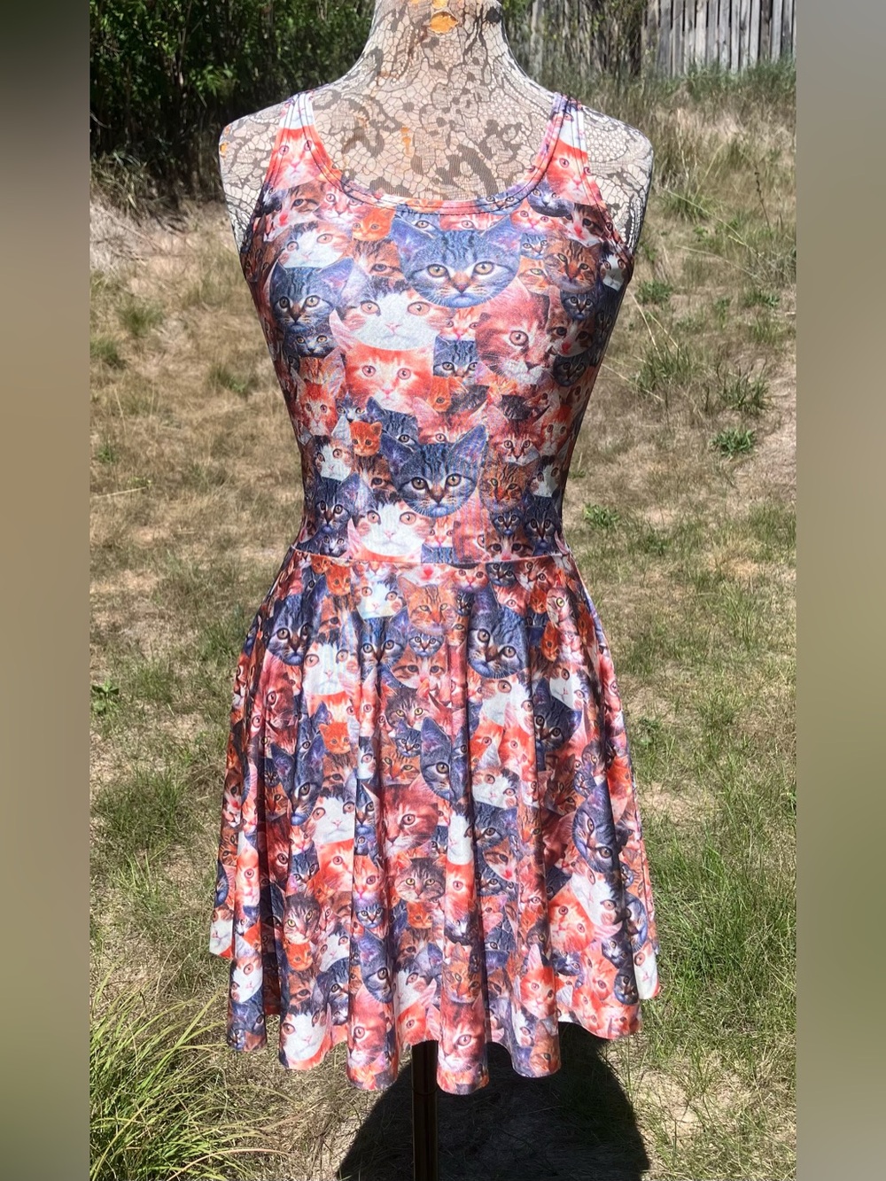 Crazy Cat Lady Scoop Neck Skater Dress in Multi-Color